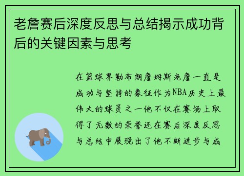 老詹赛后深度反思与总结揭示成功背后的关键因素与思考