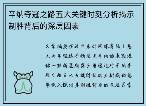 辛纳夺冠之路五大关键时刻分析揭示制胜背后的深层因素